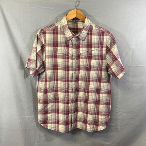 Ibex Shirt Mens Large Burgundy Cream Plaid 100% Wool Short Sleeve Button Up - Picture 1 of 7